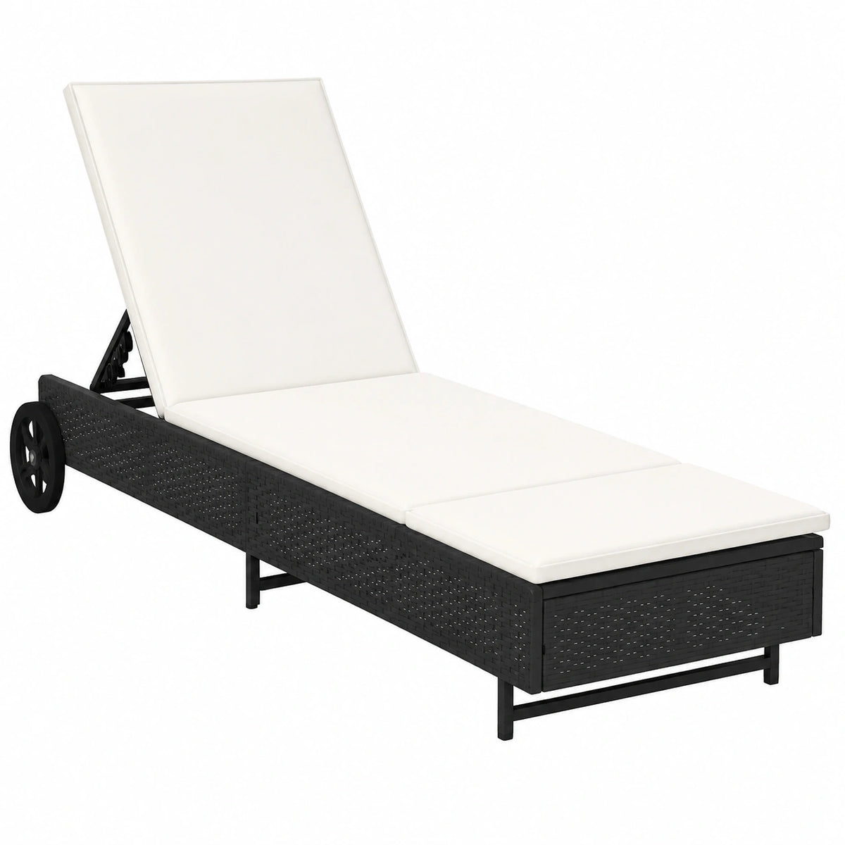 Elegante Lettino Prendisole in Polyrattan Nero con Cuscino e Ruote, Schienale Regolabile a 3 Livelli, Fodera Lavabile, Ideale per Piscina e Terrazza
