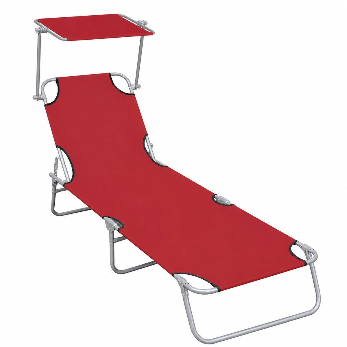 Sdraio pieghevole in alluminio con tettuccio rosso per giardino e spiaggia