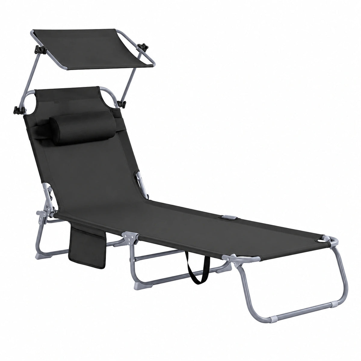 Lettino Prendisole Pieghevole con Cuscino e Parasole, Ideale per Giardino e Spiaggia, Nero