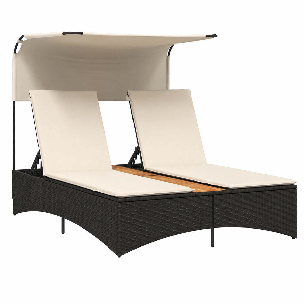 Lettino Prendisole Doppio in Polyrattan Nero con Baldacchino e Cuscini