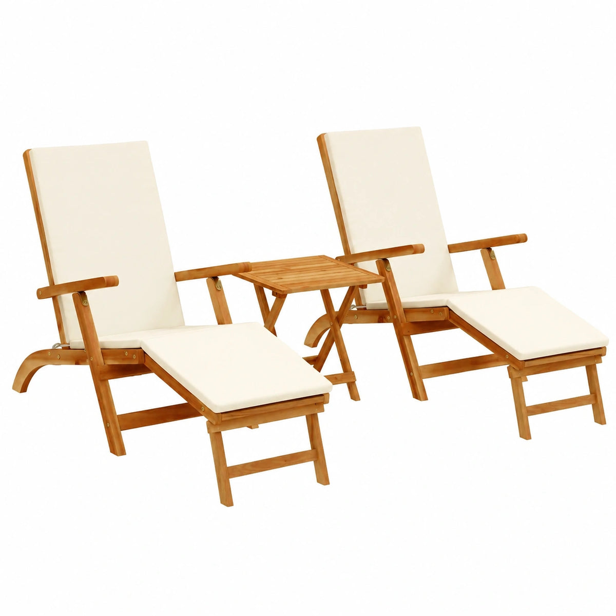 Set 3 Lettini Prendisole Pieghevoli in Acacia Bianca con Poggiapiedi e Sgabello, Schienale Regolabile per Giardino e Piscina