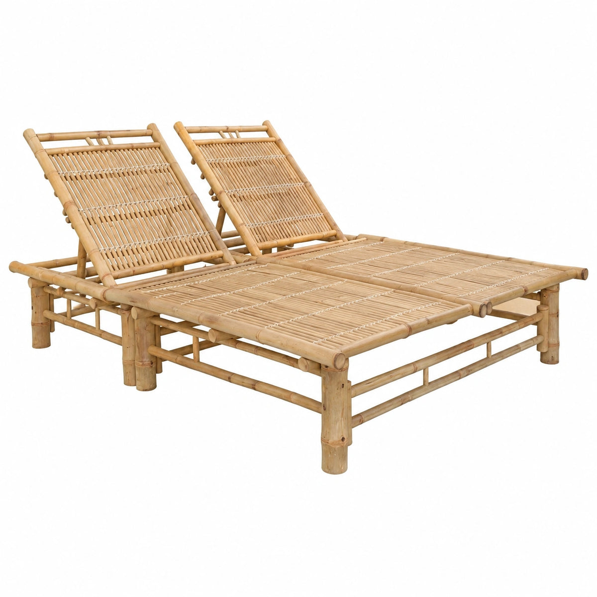 Lettino Doppio in Bambù con Cuscini Verdi, Reclinabile in 3 Posizioni, Ideale per Giardino e Piscina, 200x130 cm, Resistente alle Intemperie