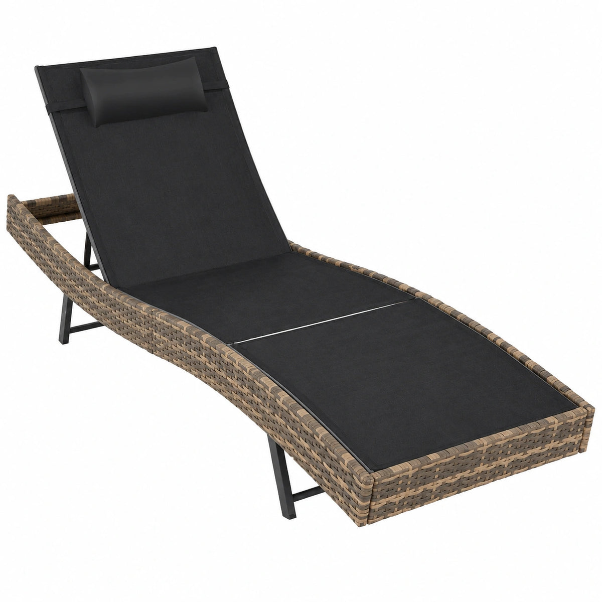 Lettino Prendisole in Rattan Regolabile con Cuscino Poggiatesta, Struttura in Acciaio Antiscivolo