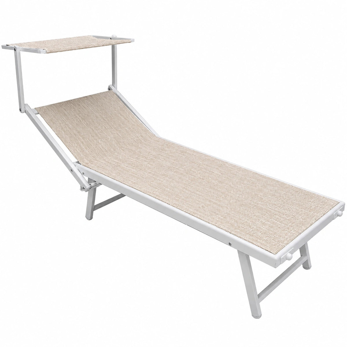 Lettino Sdraio Pieghevole con Schienale Regolabile e Tettuccio Parasole, Struttura in Alluminio Resistente UV, Capacità 110 Kg - Beige