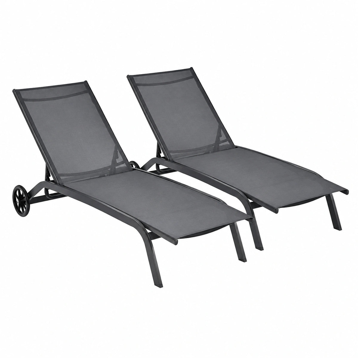 Sdraio da Giardino Regolabile con Ruote, Lettino Prendisole in Metallo e Tessuto Traspirante, Ideale per Spiaggia e Piscina, Capacità 150 kg, Confezione da 2, Colore Grigio