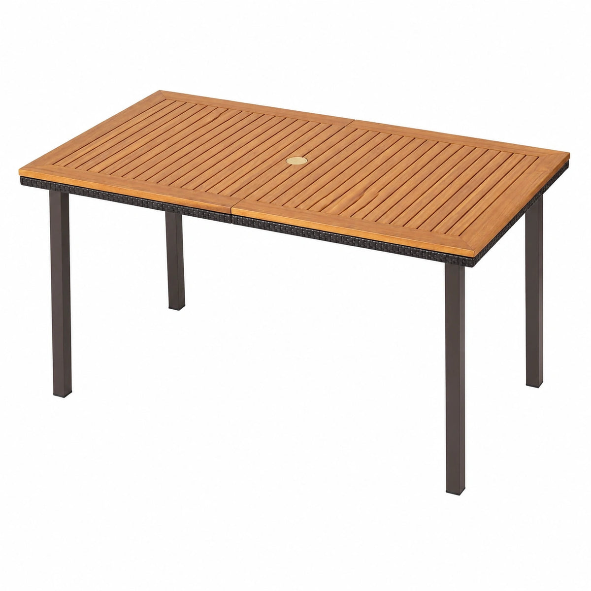 Tavolo da Giardino in Acacia con Foro Ombrellone, 6-8 Persone, Gambe in Metallo, 140x75x76 cm