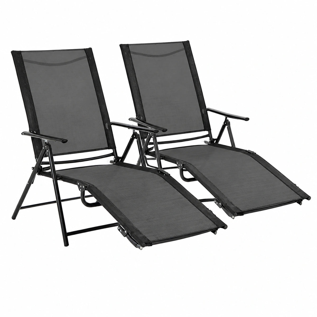 Set di 2 Sdraio Reclinabili per Giardino in Textilene, Pieghevoli con Schienale e Poggiapiedi Regolabili, Ideali per Terrazza e Piscina, Capacità 150 kg, Colore Nero